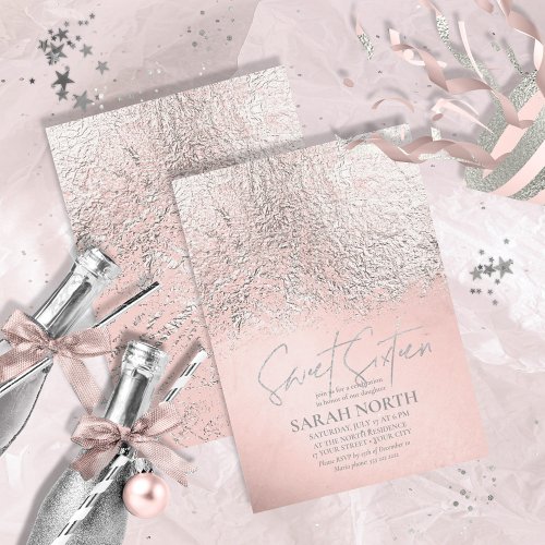 Foil Abstract Sweet Sixteen Silver Rose Gold ID776 Invitation