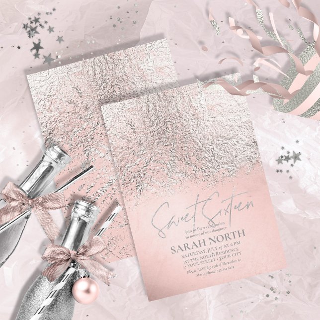 Foil Abstract Sweet Sixteen Silver Rose Gold ID776 Invitation (Creator Uploaded)