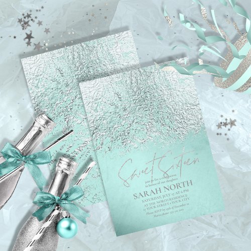 Foil Abstract Sweet Sixteen Silver Teal ID776 Invitation