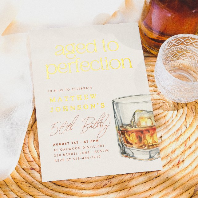 Foil | Aged to Perfection Whiskey Birthday  Foil Invitation (Card Front Mock-up)