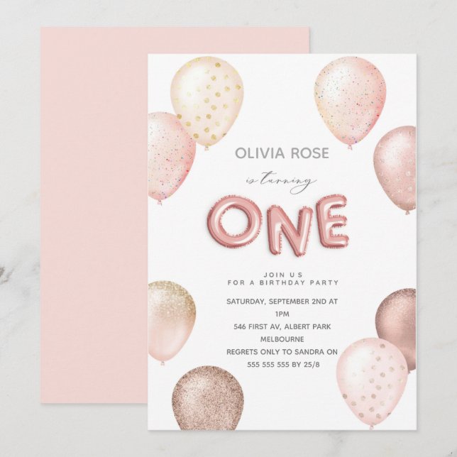 Foil And Glitter Balloons 1st Birthday Party Invit Invitation (Front/Back)