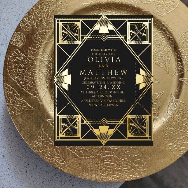 Foil Art Deco Modern Black Wedding Invitation Foil Invitation (Creator Uploaded)