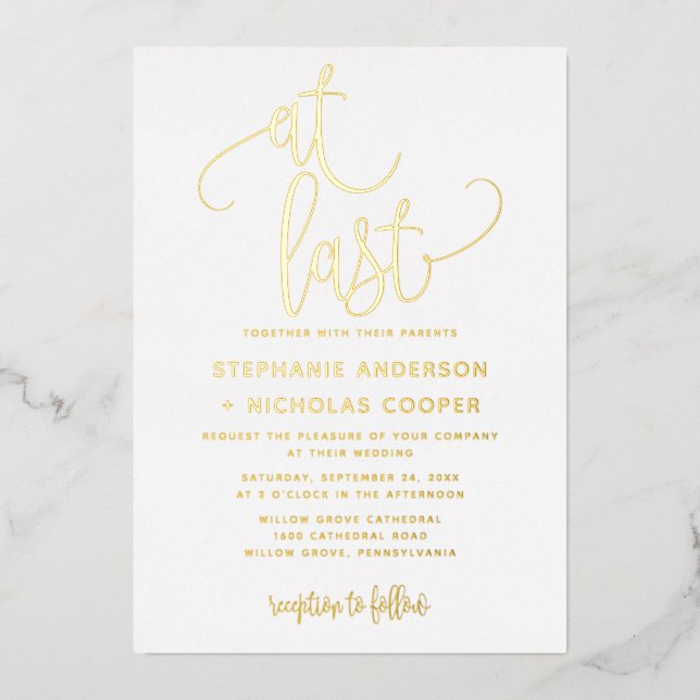 Foil At Last Lovely Script Typography Wedding Invitation (Front)