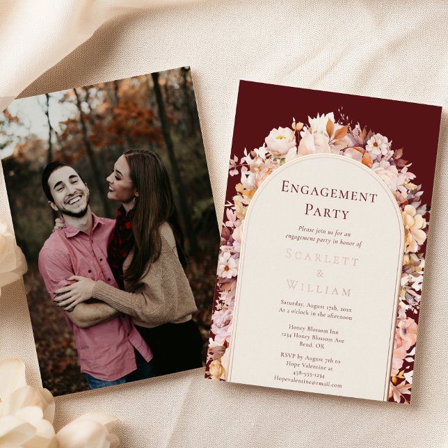 FOIL Autumn Burgundy Arch Photo Engagement Party Foil Invitation (Creator Uploaded)