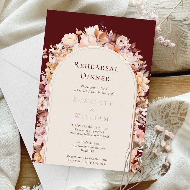 FOIL Autumn Burgundy Arch Wedding Rehearsal Dinner Invitation (Creator Uploaded)