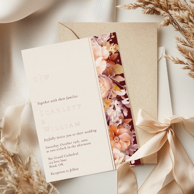 FOIL Autumn Burgundy Cream Modern Monogram Wedding Invitation (Creator Uploaded)