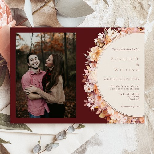 FOIL Autumn Burgundy Horizontal Photo Wedding Foil Invitation