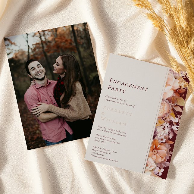 FOIL Autumn Burgundy Modern Photo Engagement Party Foil Invitation (Creator Uploaded)