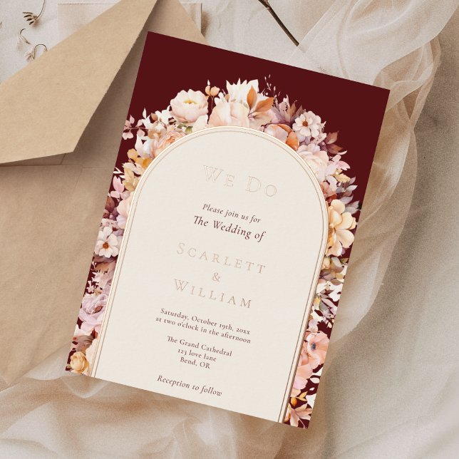 FOIL Autumn Floral Burgundy Arch We Do Wedding Foil Invitation (Creator Uploaded)