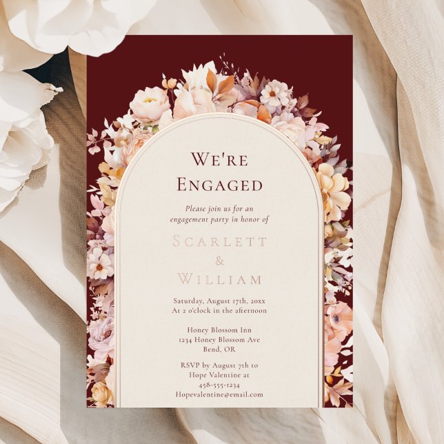 FOIL Autumn Floral Burgundy Arch We're Engaged Foil Invitation (Creator Uploaded)