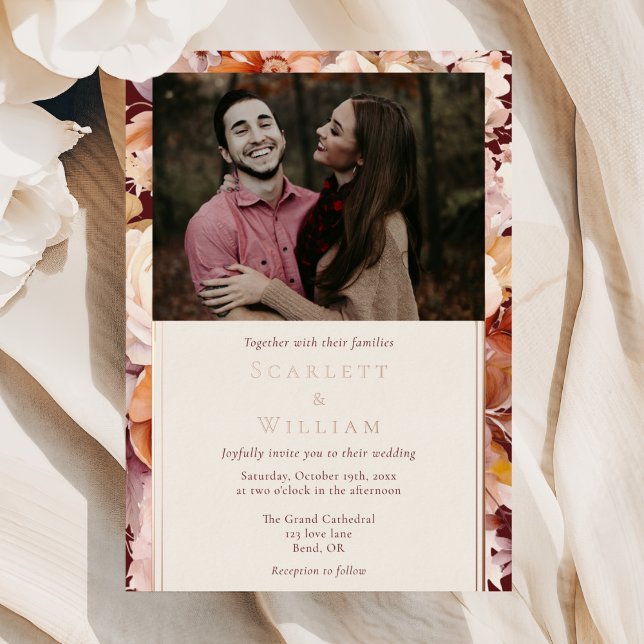 FOIL Autumn Floral Burgundy Classic Photo Wedding Foil Invitation (Creator Uploaded)
