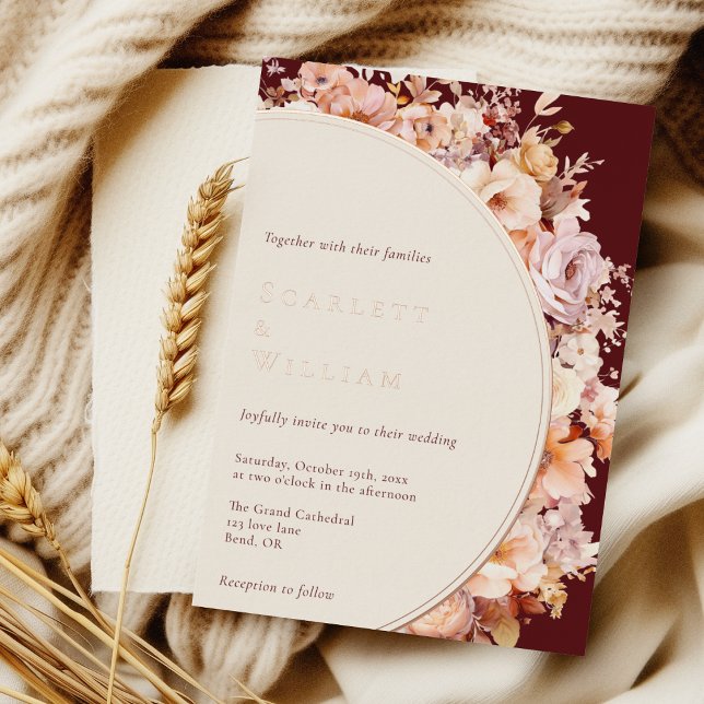 FOIL Autumn Floral Burgundy Cream Modern Wedding Foil Invitation (Creator Uploaded)