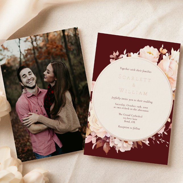 FOIL Autumn Floral Burgundy Cream Photo Wedding Foil Invitation (Creator Uploaded)