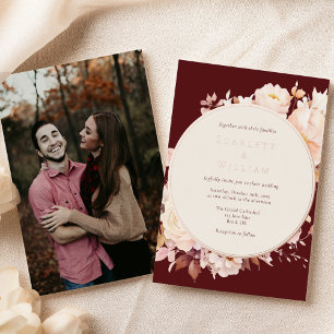 FOIL Autumn Floral Burgundy Cream Photo Wedding Invitation