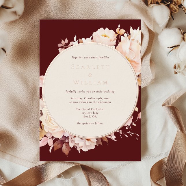 FOIL Autumn Floral Burgundy Cream Wedding Invitation (Creator Uploaded)