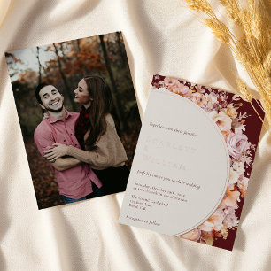 FOIL Autumn Floral Burgundy Modern Photo Wedding Invitation