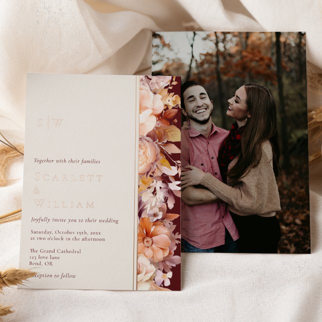 FOIL Autumn Floral Burgundy Monogram Photo Wedding Foil Invitation (Creator Uploaded)