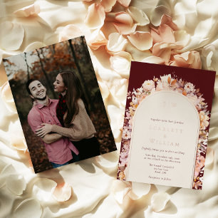 FOIL Autumn Floral Burgundy Monogram Photo Wedding Invitation