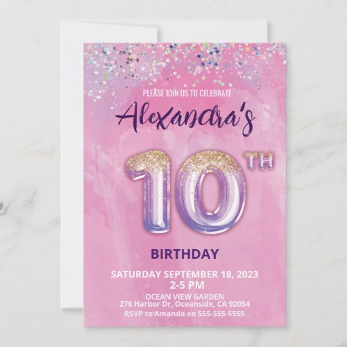 Foil Balloon 10th Birthday Invitation