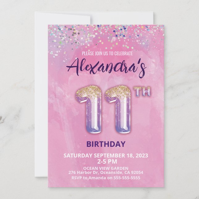 Foil Balloon 11th Birthday Invitation (Front)