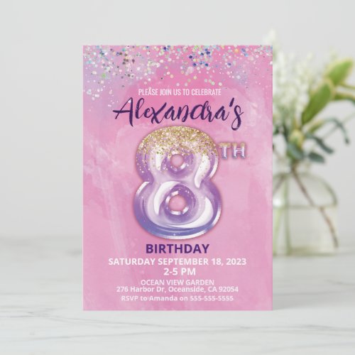 Foil Balloon 8th Birthday Invitation