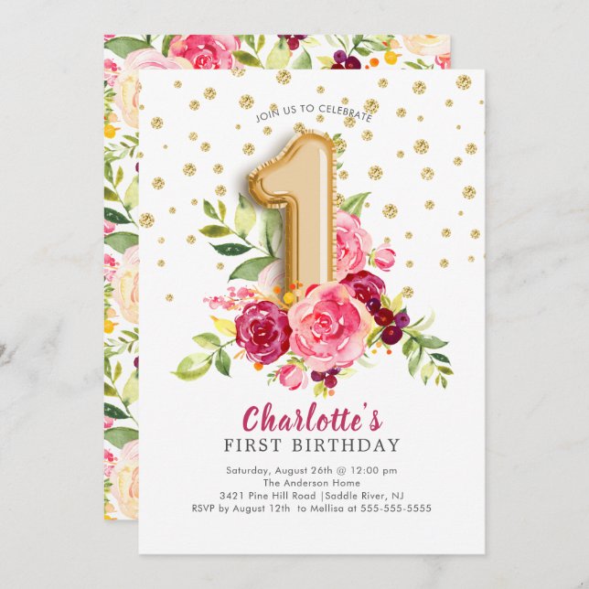 Foil Balloon Floral 1st Birthday Invitation (Front/Back)