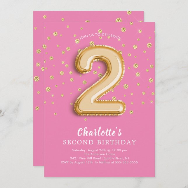 Foil Balloon Floral 2ND Birthday Invitation (Front/Back)