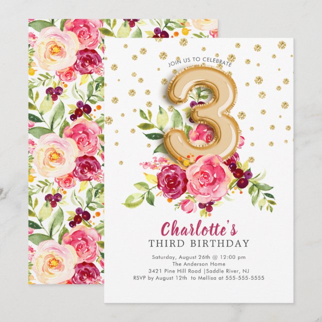 Foil Balloon Floral 3rd Birthday Invitation (Front/Back)