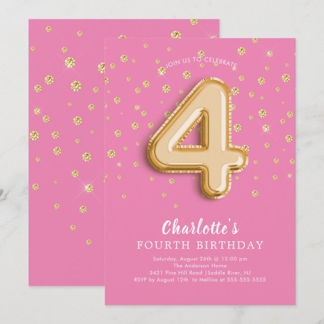 Foil Balloon Floral 4th Birthday Invitation (Front/Back)