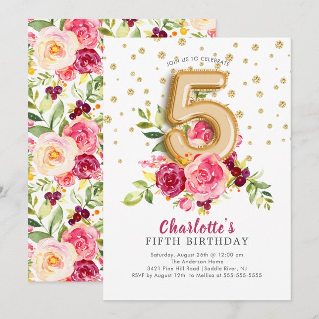 Foil Balloon Floral 5TH Birthday Invitation (Front/Back)
