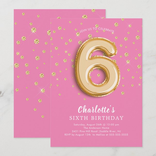 Foil Balloon Floral 6TH Birthday Invitation (Front/Back)