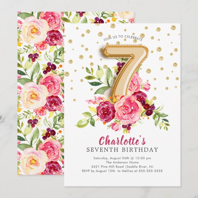 Foil Balloon Floral 7TH Birthday Invitation (Front/Back)