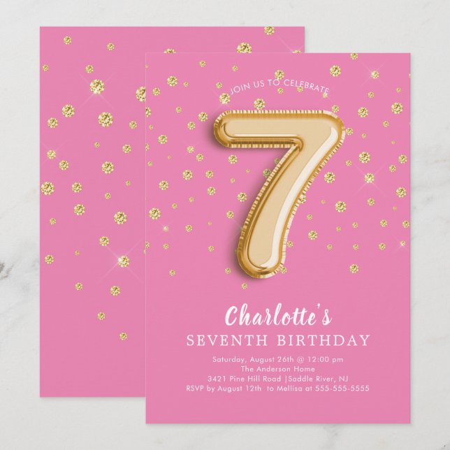 Foil Balloon Floral 7th Birthday Invitation (Front/Back)
