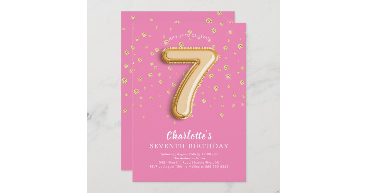 Foil Balloon Floral 7th Birthday Invitation | Zazzle