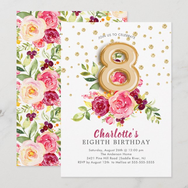 Foil Balloon Floral 8TH Birthday Invitation (Front/Back)