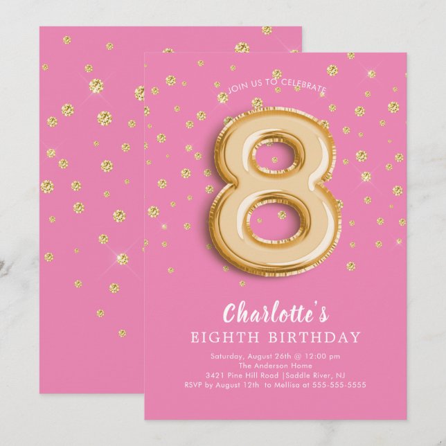 Foil Balloon Floral 8TH Birthday Invitation (Front/Back)