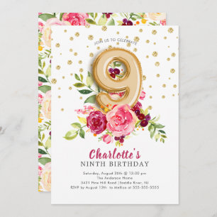 Foil Balloon Floral 9TH Birthday Invitation