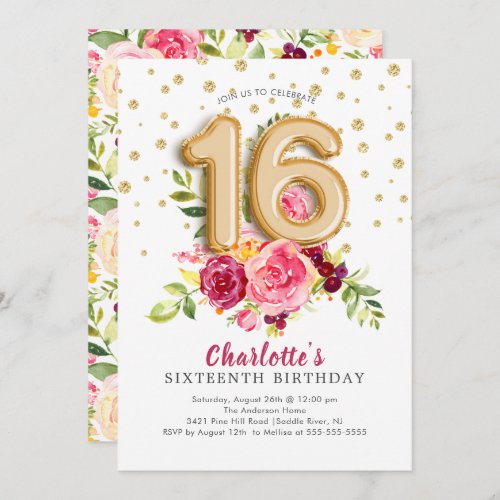 Foil Balloon Floral Sweet 16th Birthday Invitation