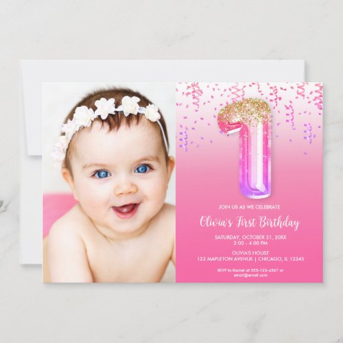 Foil balloon girls pink purple 1st birthday photo invitation