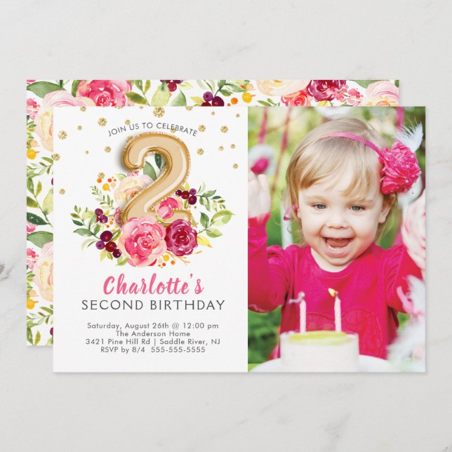Foil Balloon Photo 2ND Birthday Invitation (Front/Back)