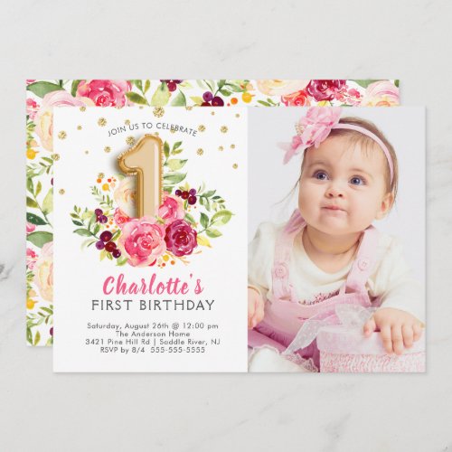 Foil Balloon Photo First Birthday Invitation