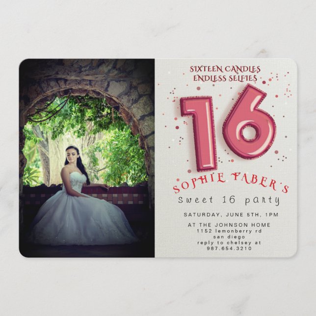Foil Balloon Sweet Sixteen Birthday Party  Invitation (Front)