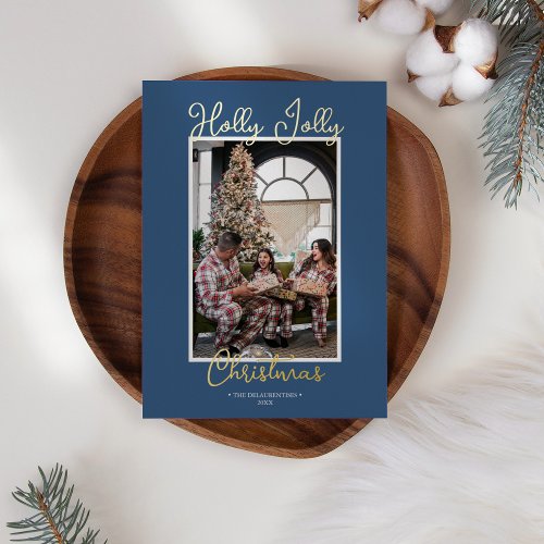 FOIL Blue Holly Jolly Christmas Family Photo Foil Holiday Card