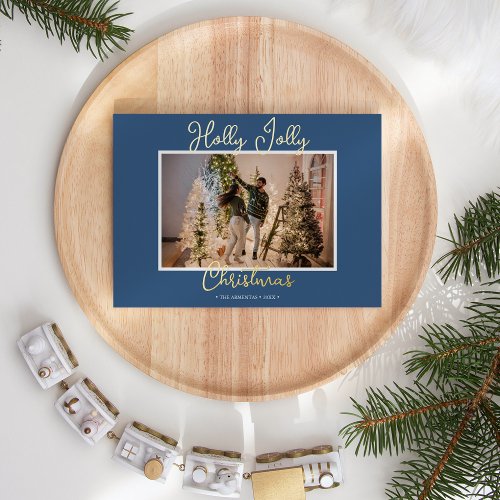 FOIL Blue Holly Jolly Christmas Photo and Letter Foil Holiday Card