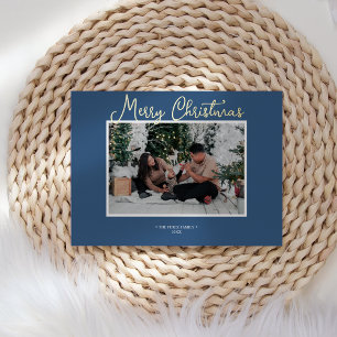FOIL Blue Holly Jolly Merry Christmas News Photo Holiday Card