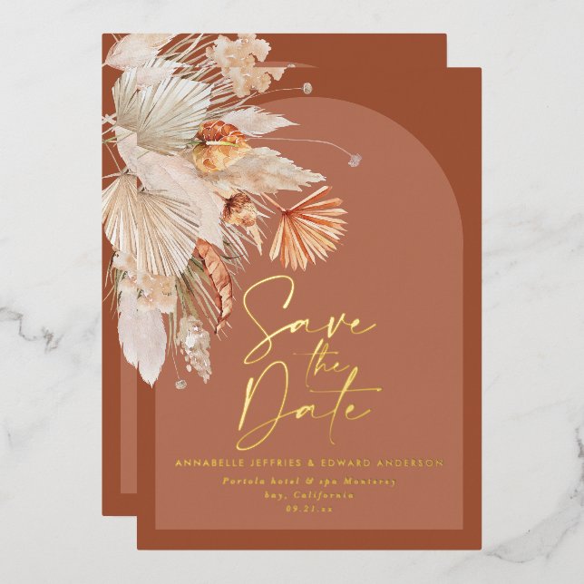 foil bohemian terracotta pampas grass save the dat foil invitation (Front/Back)