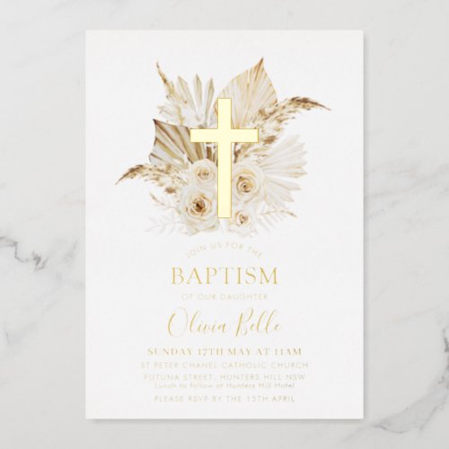 Foil Boho Dried Palm Floral Baptism Christening Foil Invitation