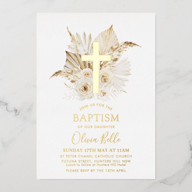 Foil Boho Dried Palm Floral Baptism Christening Foil Invitation (Front)