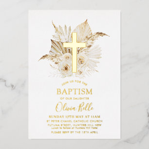 Foil Boho Dried Palm Floral Baptism Christening Invitation