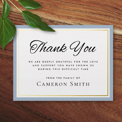 Foil border dusty blue sympathy thank you card | Zazzle